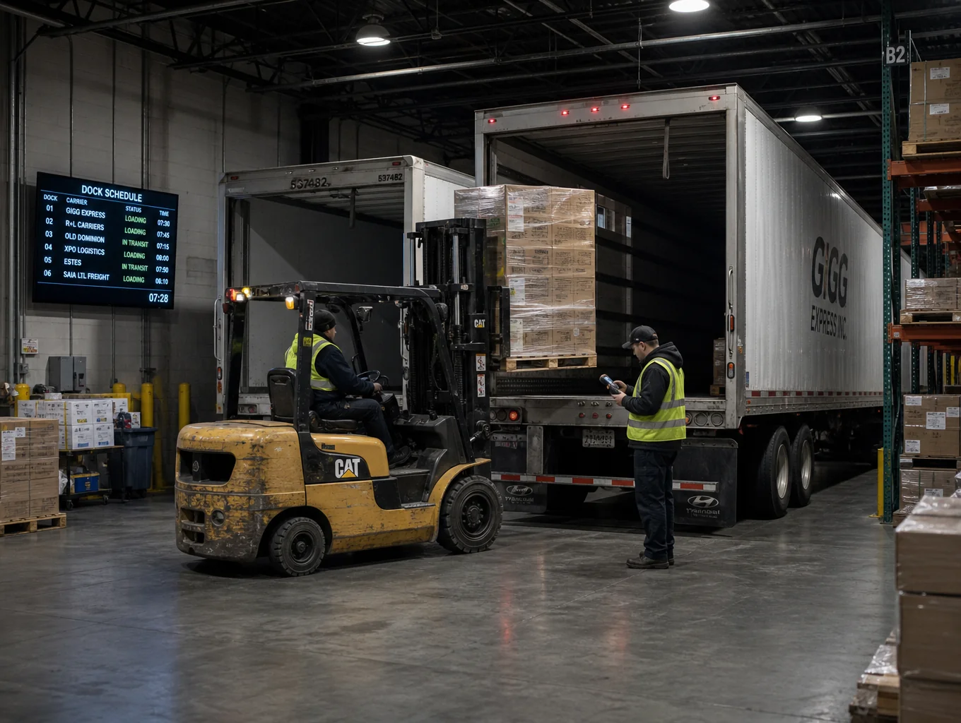 Heavy-duty semi-truck backing into concrete loading dock bay